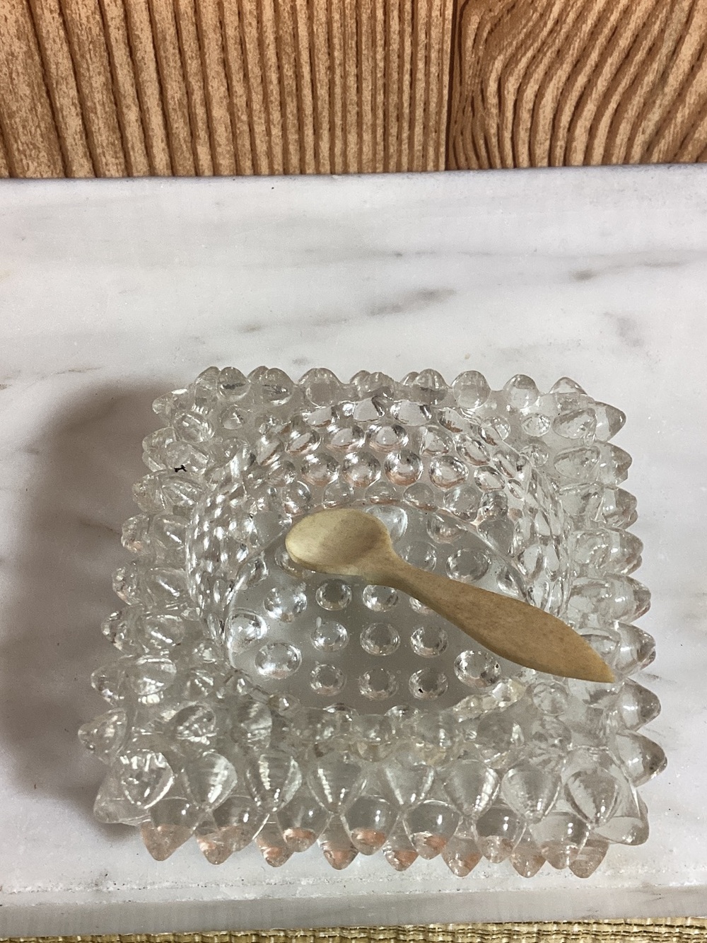 Clear Hobnail Glass Salt Cellar Dish with Wooden Spoon